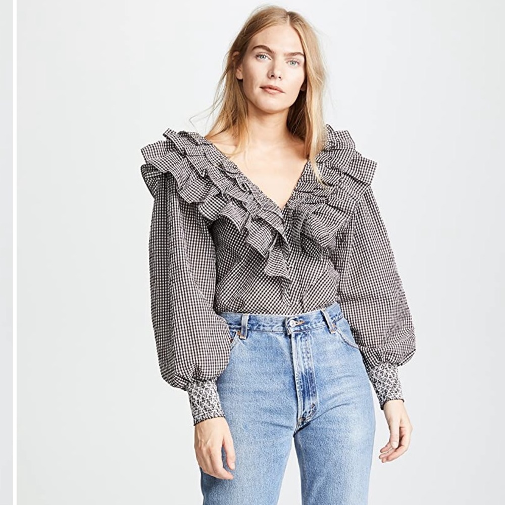 Ganni Charon puff sleeve ruffle gingham top